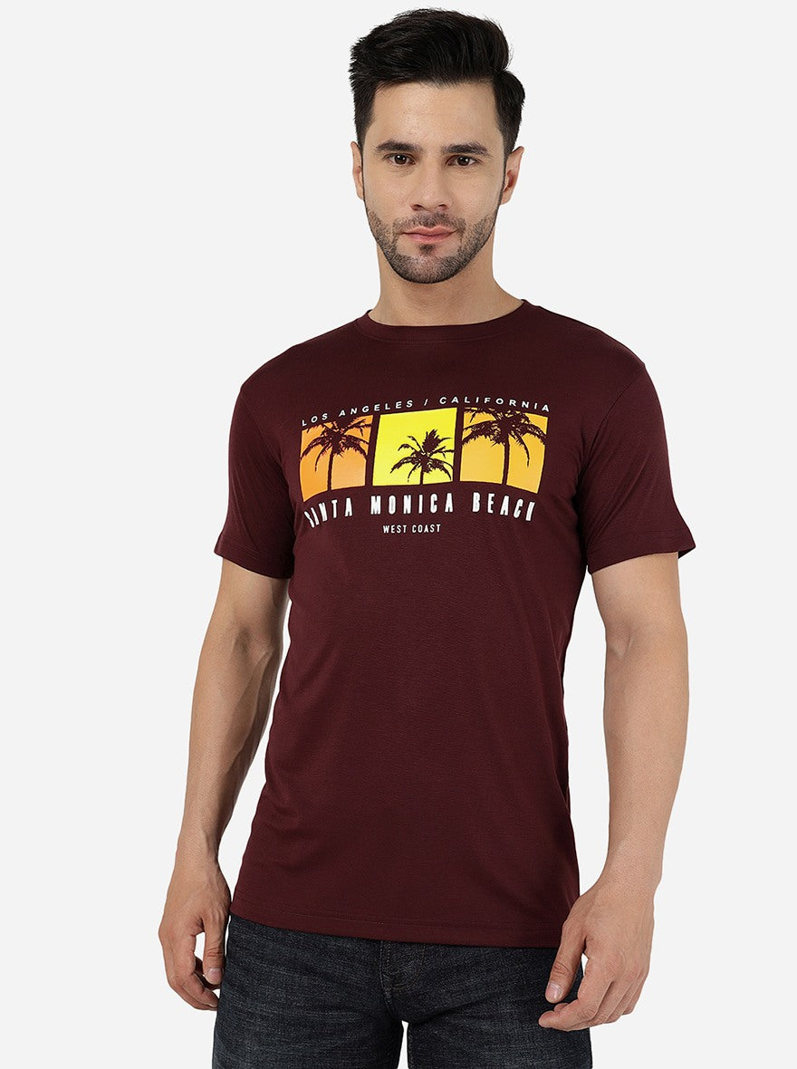 Wine Printed Slim Fit T-Shirt | pehervi