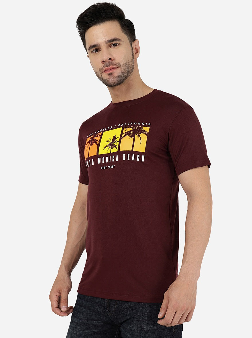 Wine Printed Slim Fit T-Shirt | pehervi
