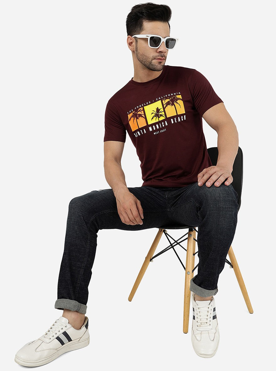 Wine Printed Slim Fit T-Shirt | pehervi