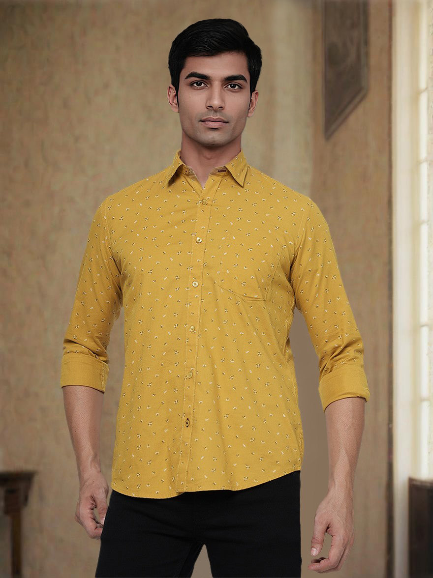 Mustard Yellow Printed Smart Fit Semi Casual Shirt | Pehervi