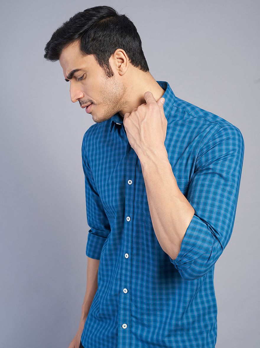 Blue Checked Slim Fit Semi Casual Shirt | Pehervi