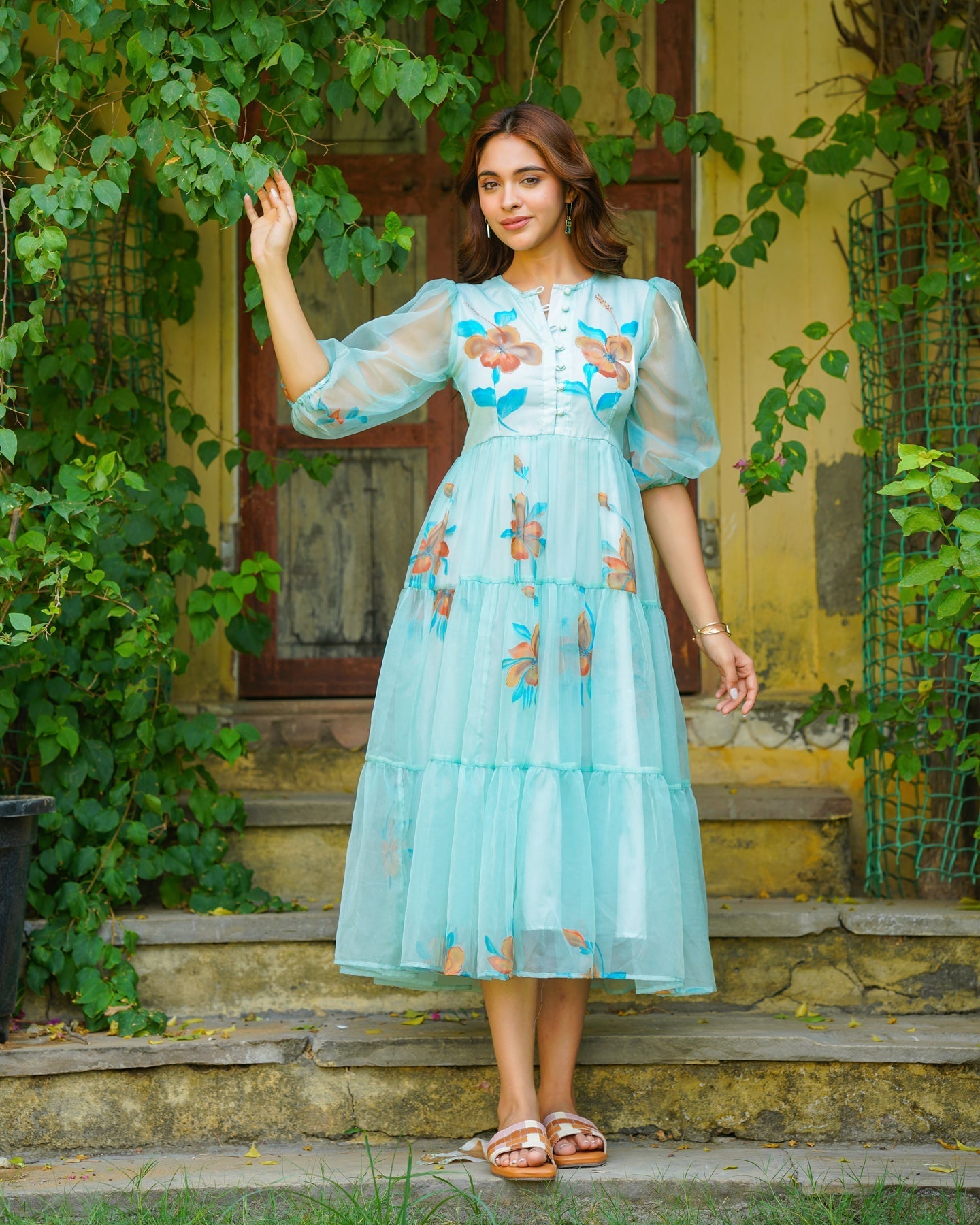 Turquoise Floral handpainted Dress