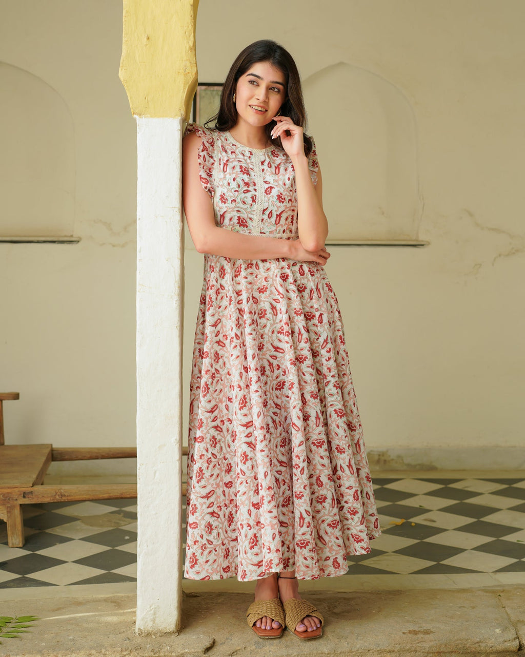 Handblock Floral Red Dress