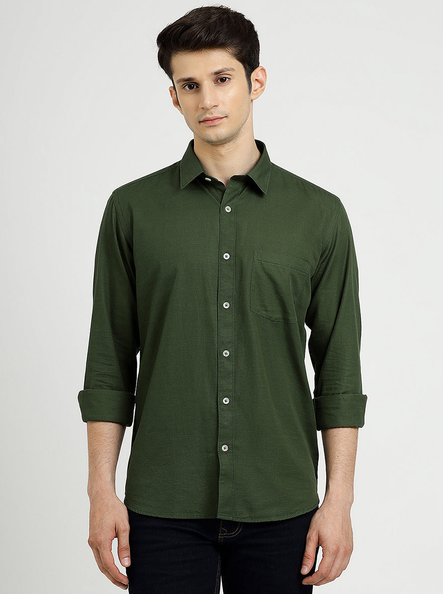Green Solid Tailored Fit Semi Casual Shirt | Pehervi