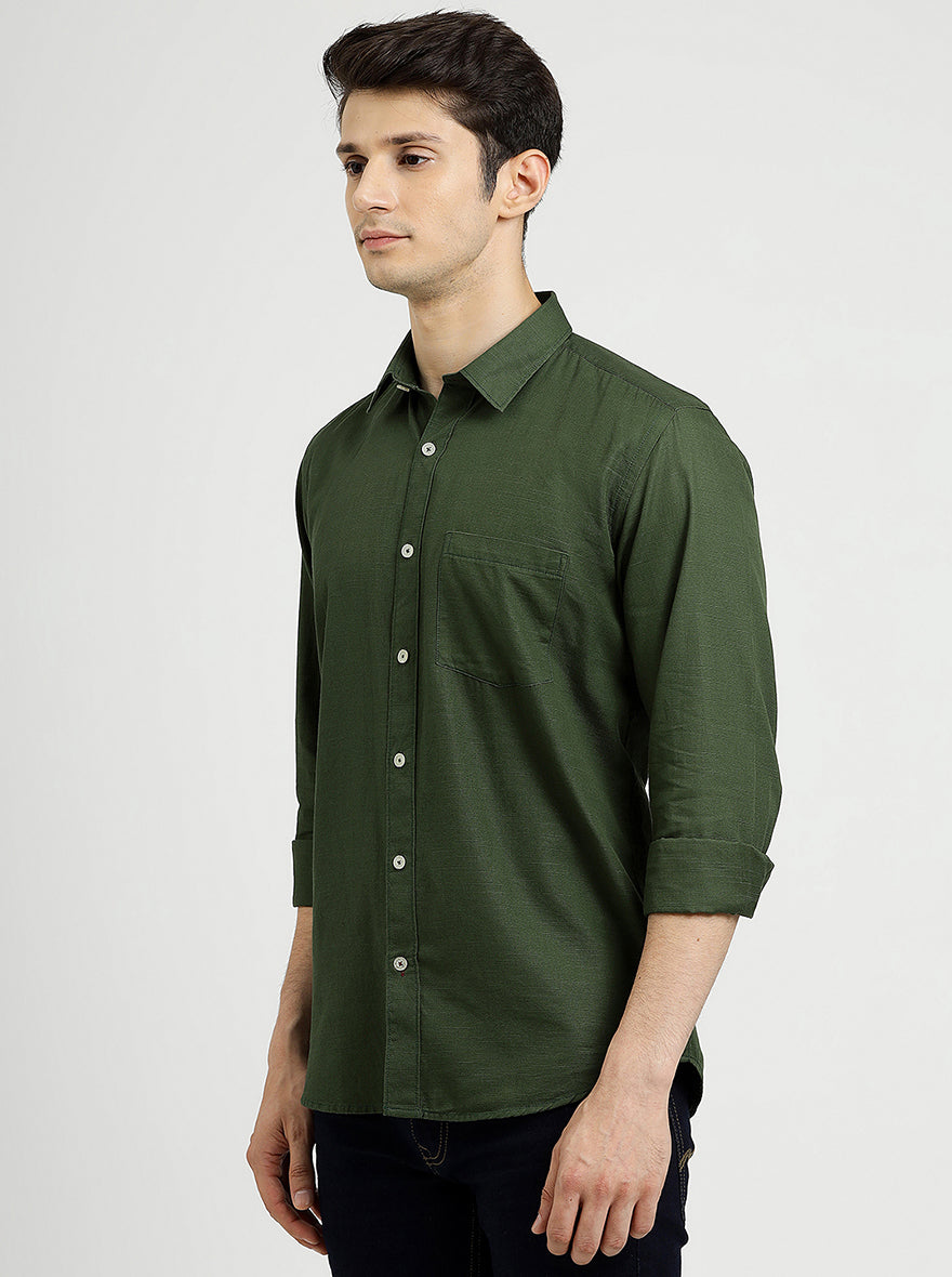 Green Solid Tailored Fit Semi Casual Shirt | Pehervi