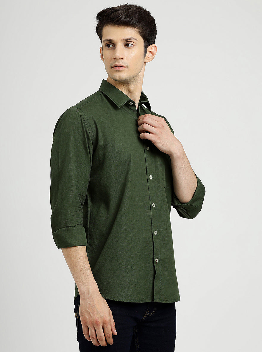 Green Solid Tailored Fit Semi Casual Shirt | Pehervi