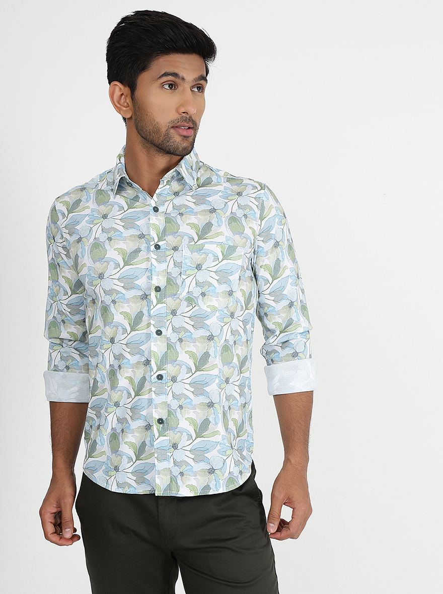 Light Blue Printed Slim Fit Casual Shirt | pehervi