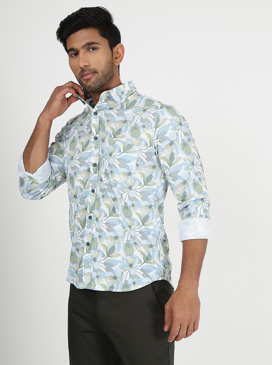 Light Blue Printed Slim Fit Casual Shirt | pehervi