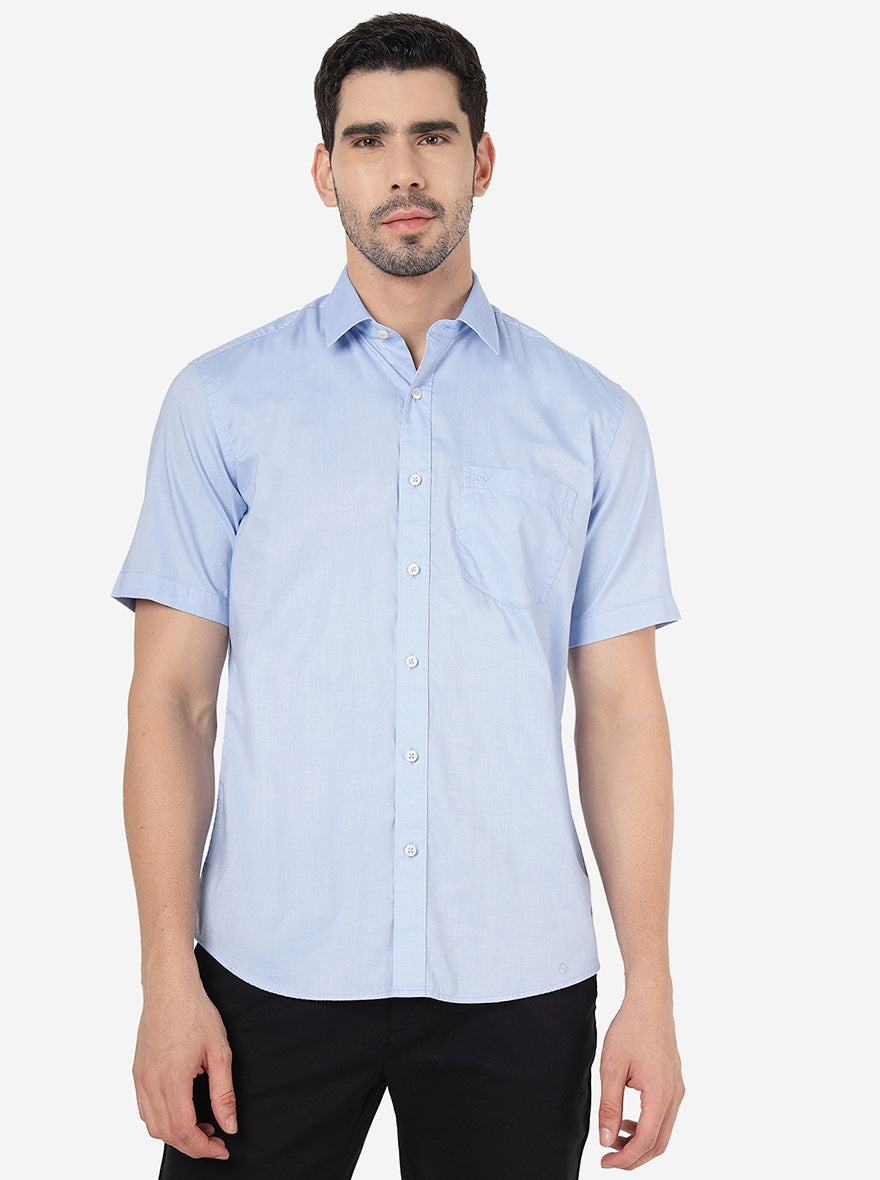Light Blue Solid Slim Fit Semi Casual Shirt | Pehervi