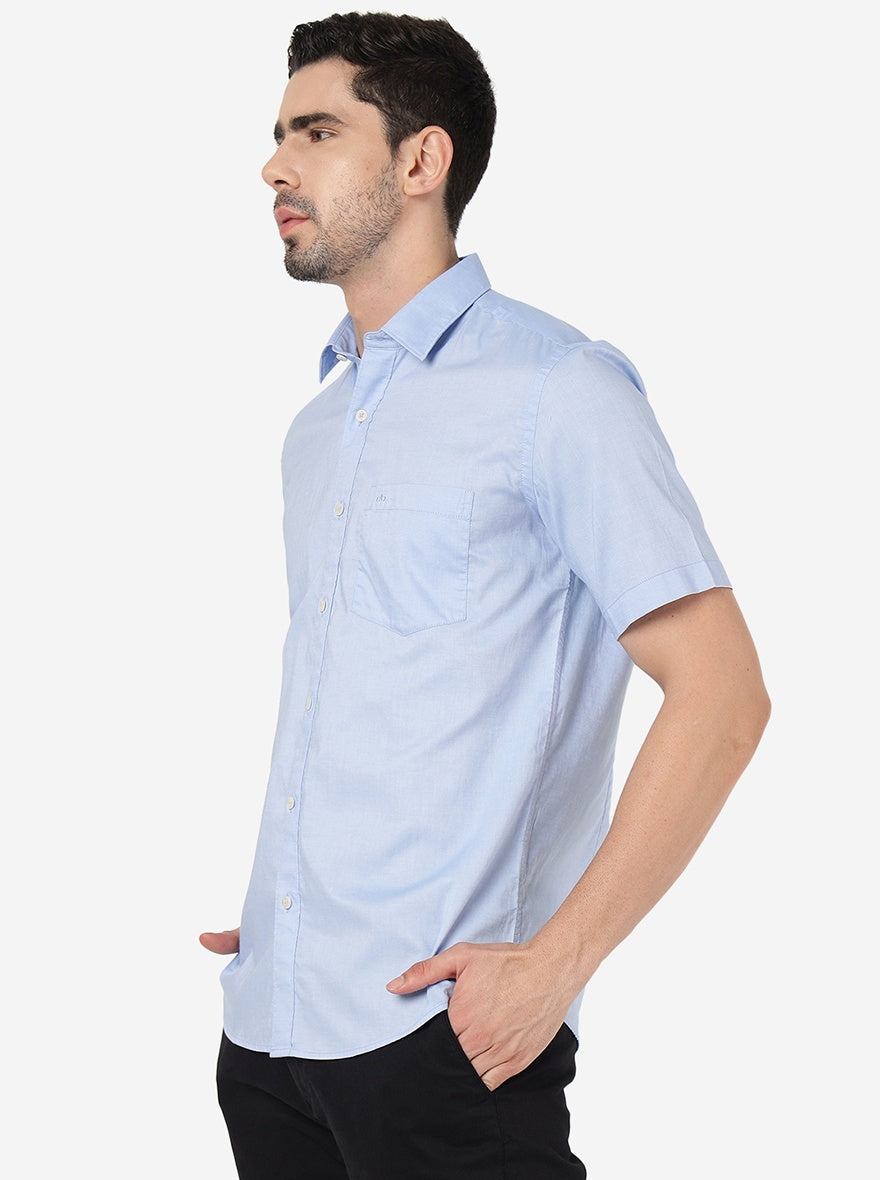 Light Blue Solid Slim Fit Semi Casual Shirt | Pehervi