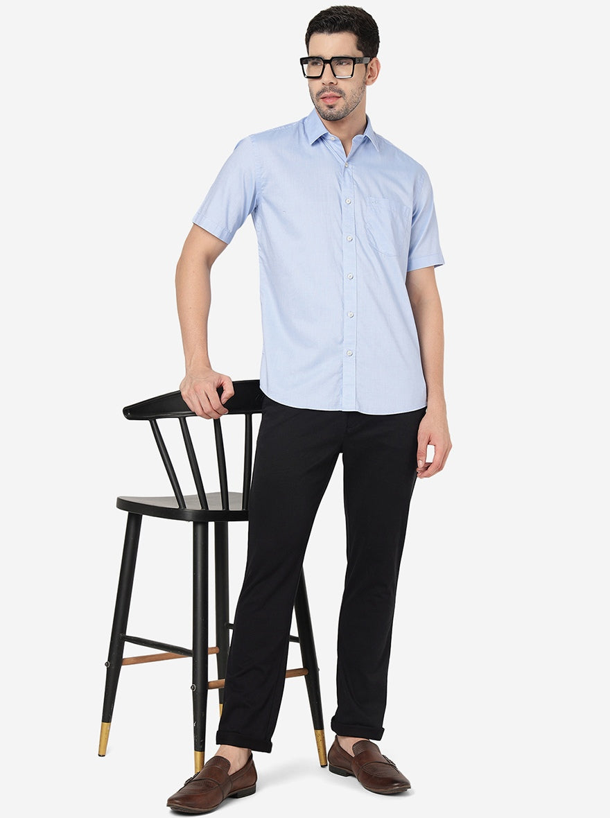 Light Blue Solid Slim Fit Semi Casual Shirt | Pehervi