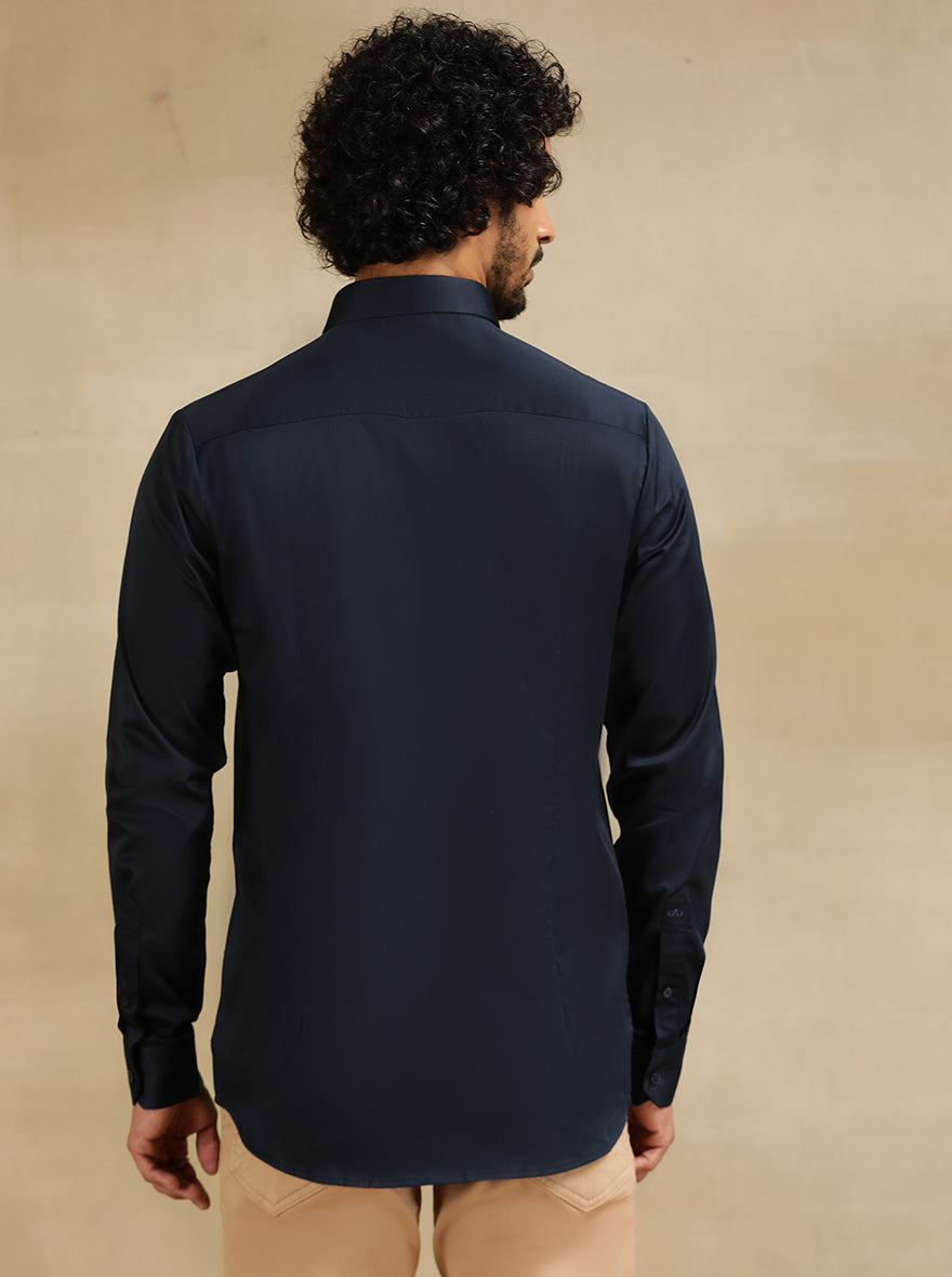 Navy Blue Solid Slim Fit Casual Shirt | pehervi