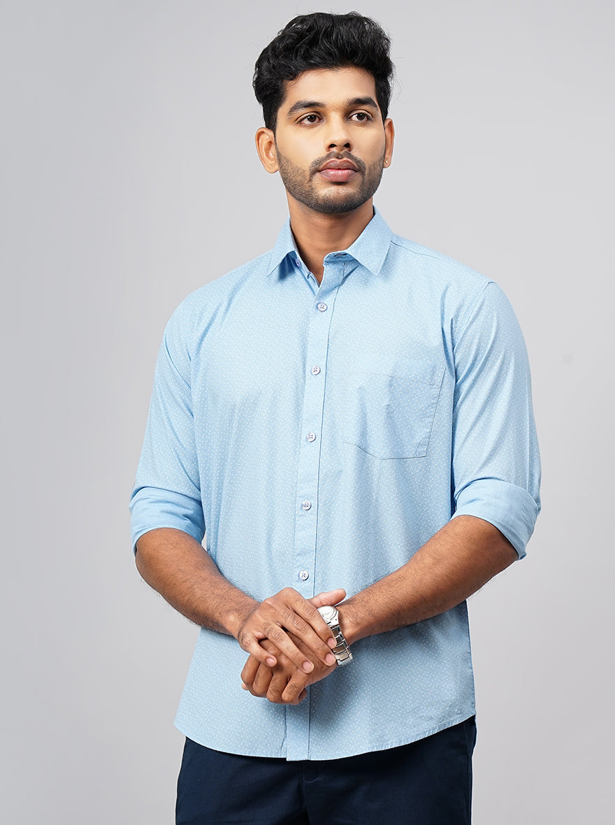 Light Blue Printed Smart Fit Semi Casual Shirt | Pehervi