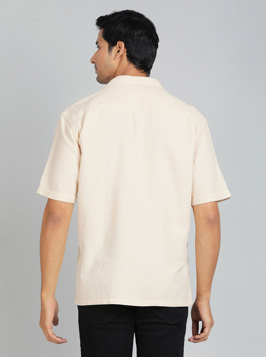 Cream Dobby Slim Fit Casual Shirt | pehervi