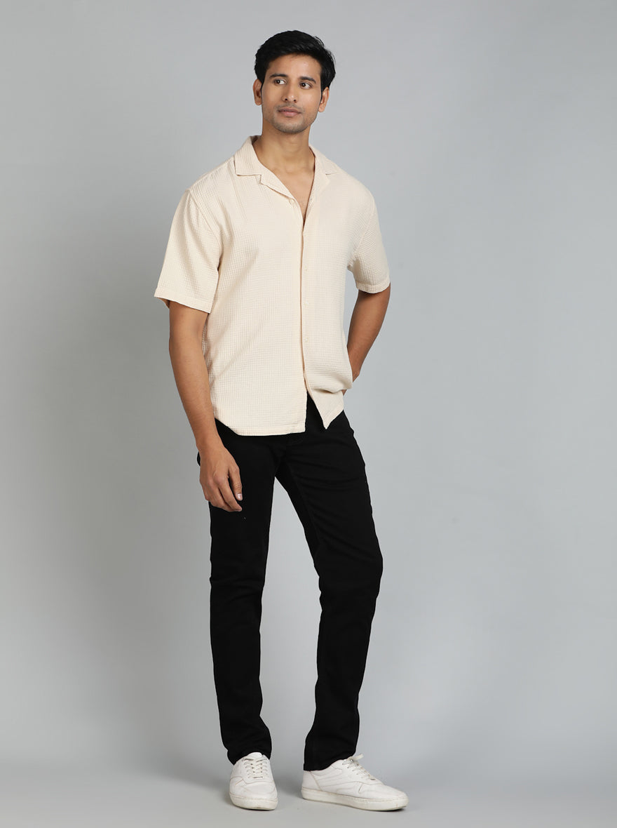Cream Dobby Slim Fit Casual Shirt | pehervi