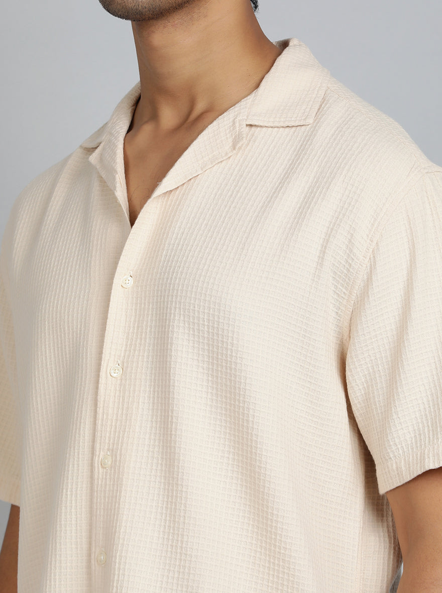 Cream Dobby Slim Fit Casual Shirt | pehervi