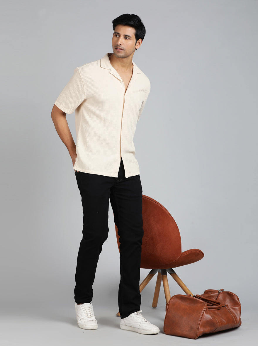 Cream Dobby Slim Fit Casual Shirt | pehervi