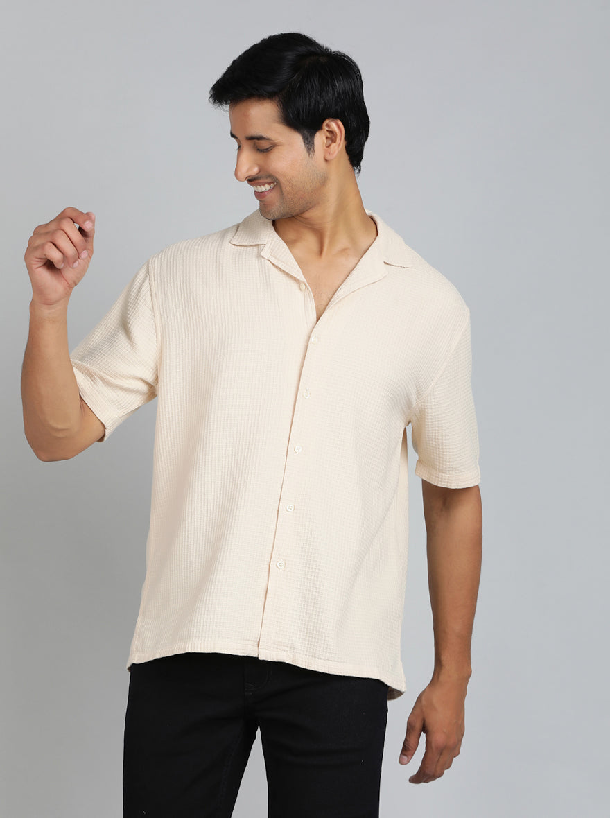 Cream Dobby Slim Fit Casual Shirt | pehervi