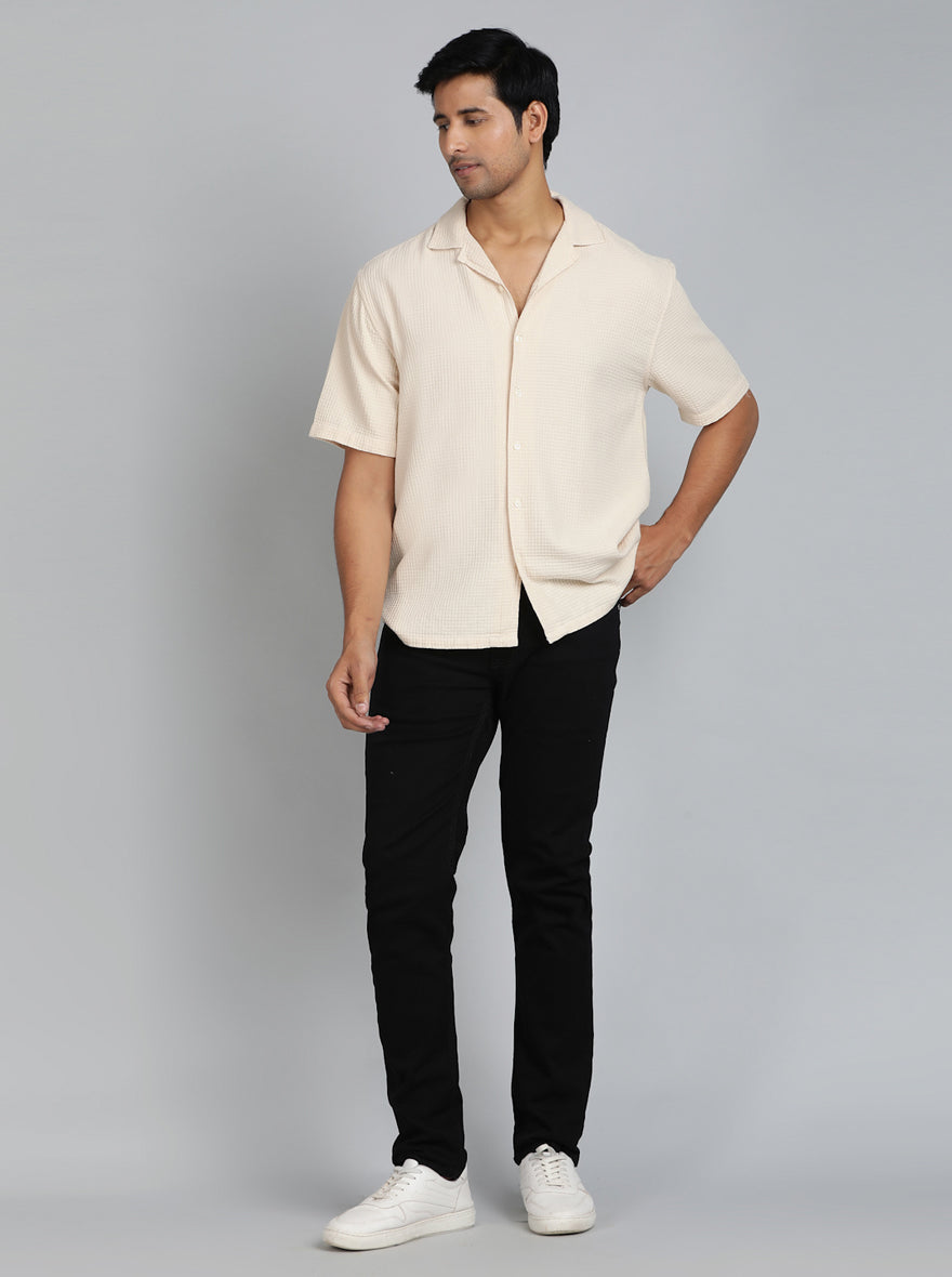Cream Dobby Slim Fit Casual Shirt | pehervi