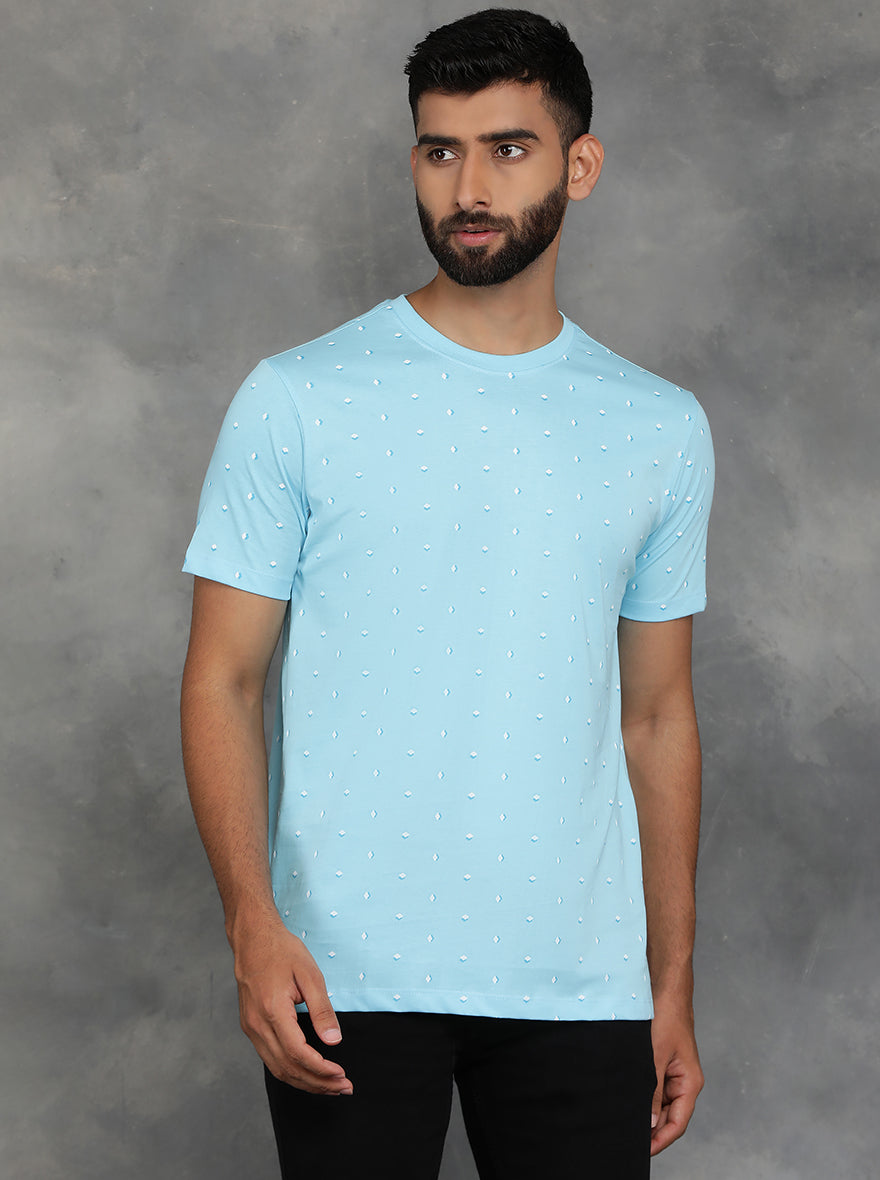 Light Blue Printed Slim Fit T-Shirt | pehervi