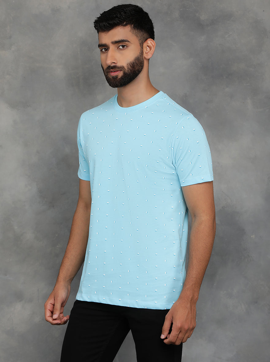 Light Blue Printed Slim Fit T-Shirt | pehervi