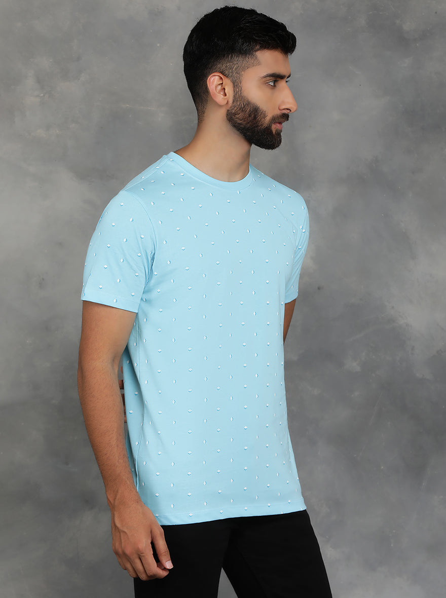Light Blue Printed Slim Fit T-Shirt | pehervi