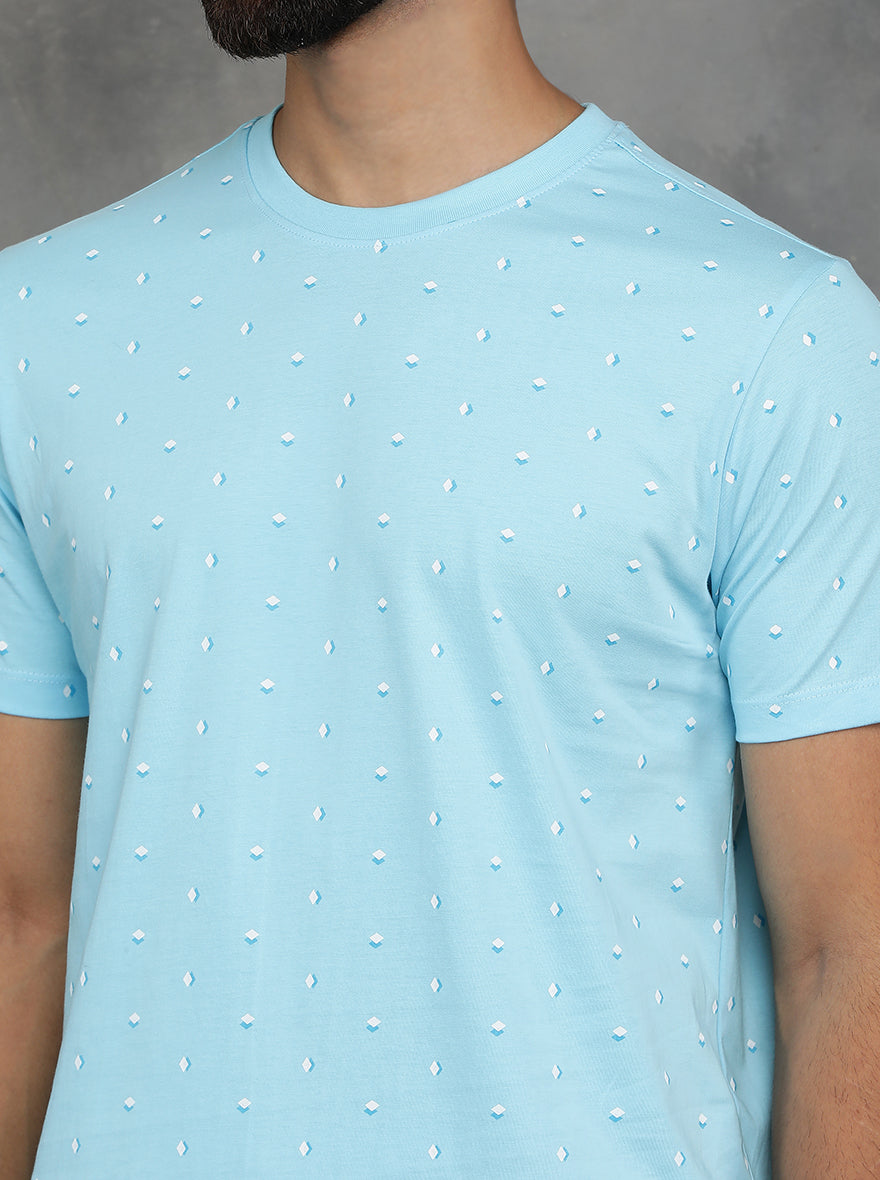Light Blue Printed Slim Fit T-Shirt | pehervi