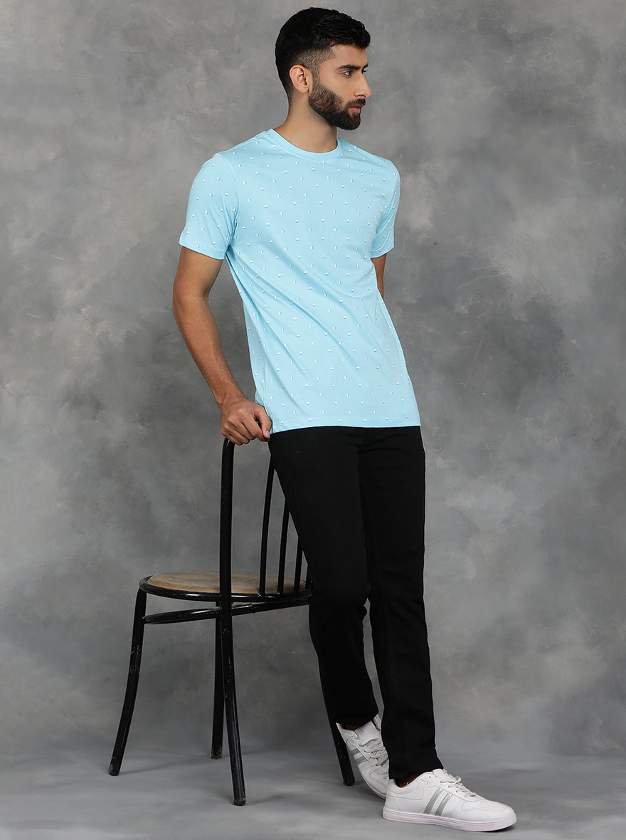Light Blue Printed Slim Fit T-Shirt | pehervi