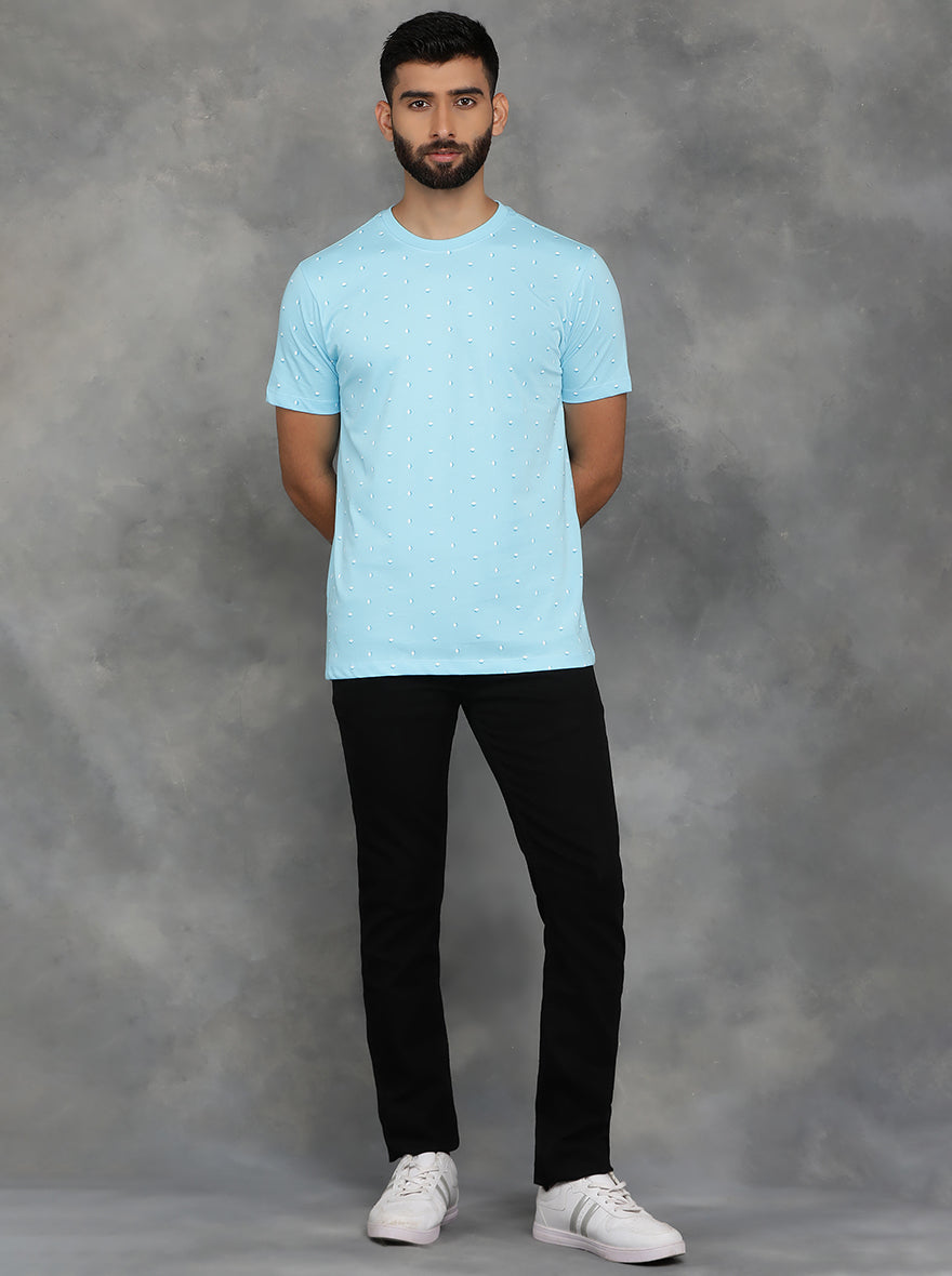 Light Blue Printed Slim Fit T-Shirt | pehervi