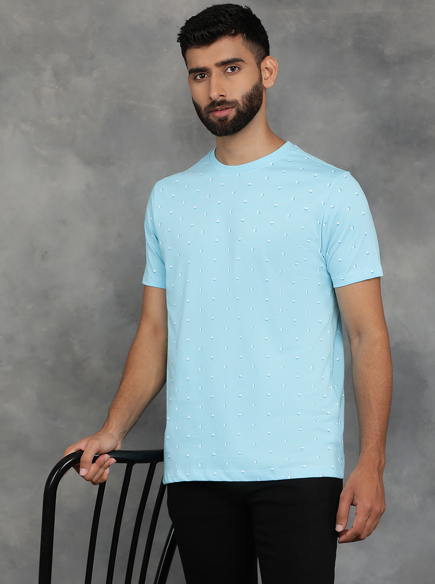 Light Blue Printed Slim Fit T-Shirt | pehervi