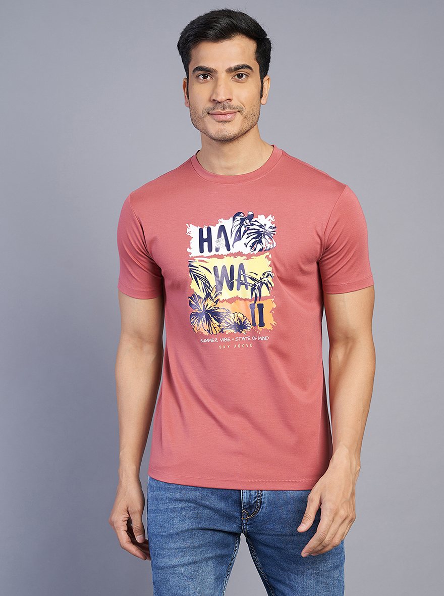 Pink Printed Slim Fit T-Shirt | pehervi