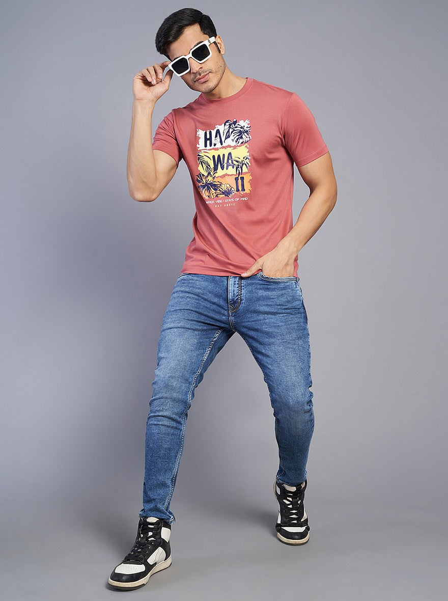 Pink Printed Slim Fit T-Shirt | pehervi