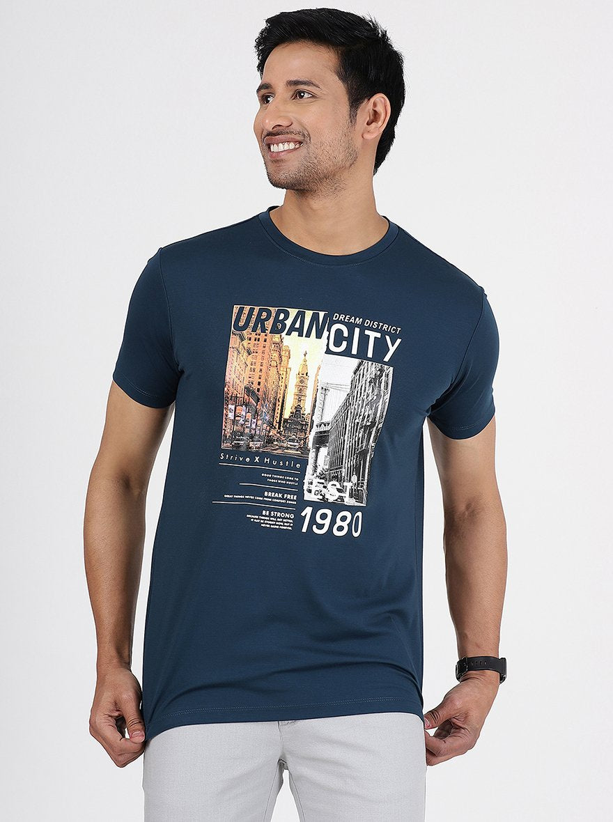 Navy Blue Printed Slim Fit T-Shirt | pehervi