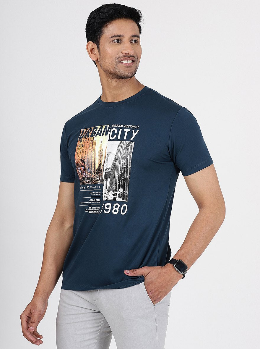 Navy Blue Printed Slim Fit T-Shirt | pehervi