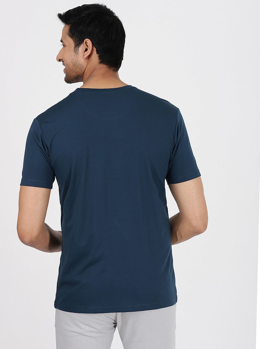 Navy Blue Printed Slim Fit T-Shirt | pehervi