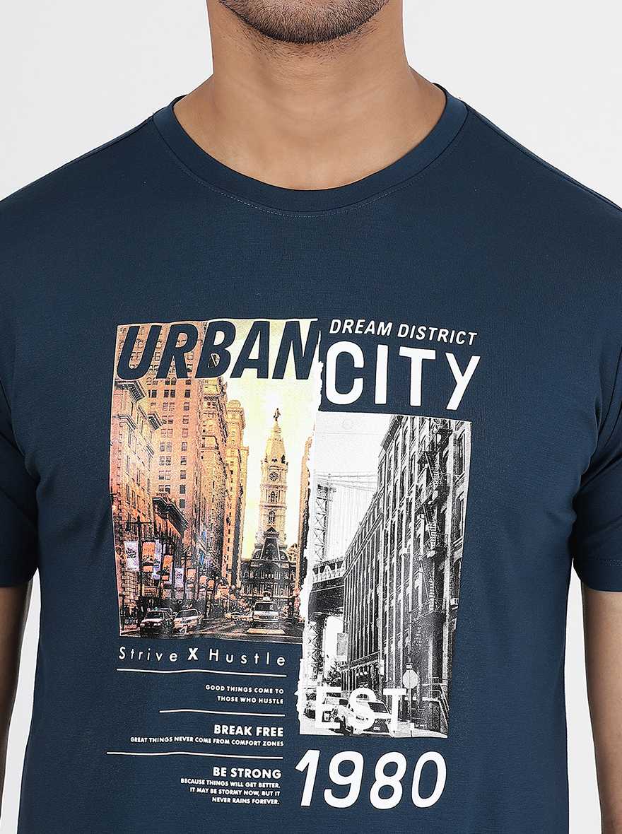 Navy Blue Printed Slim Fit T-Shirt | pehervi