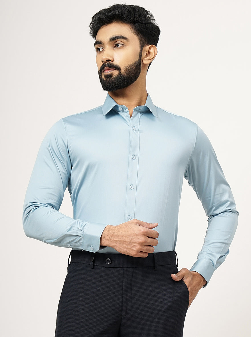 Cloud Blue Solid Slim Fit Casual Shirt | pehervi