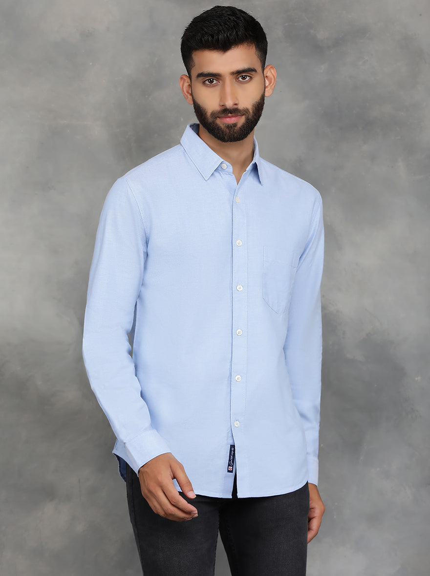 Sky Blue Solid Slim Fit Casual Shirt | pehervi