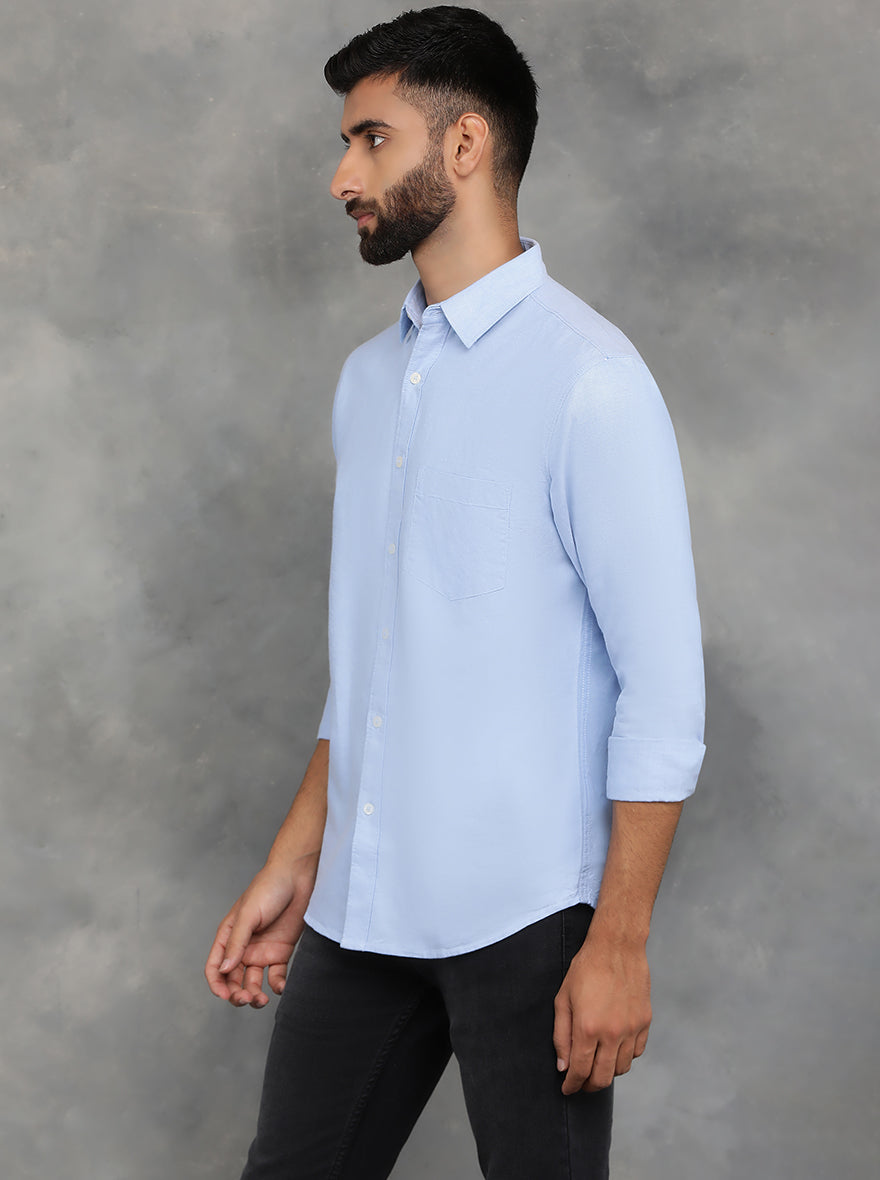 Sky Blue Solid Slim Fit Casual Shirt | pehervi