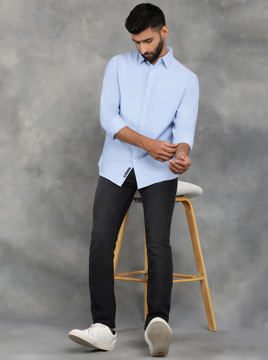 Sky Blue Solid Slim Fit Casual Shirt | pehervi