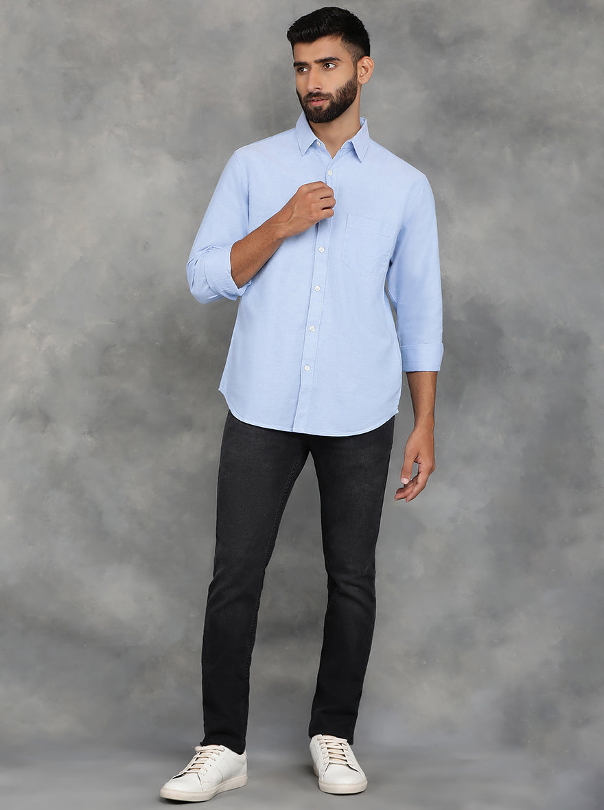 Sky Blue Solid Slim Fit Casual Shirt | pehervi