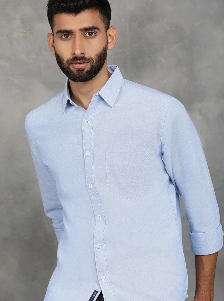 Sky Blue Solid Slim Fit Casual Shirt | pehervi