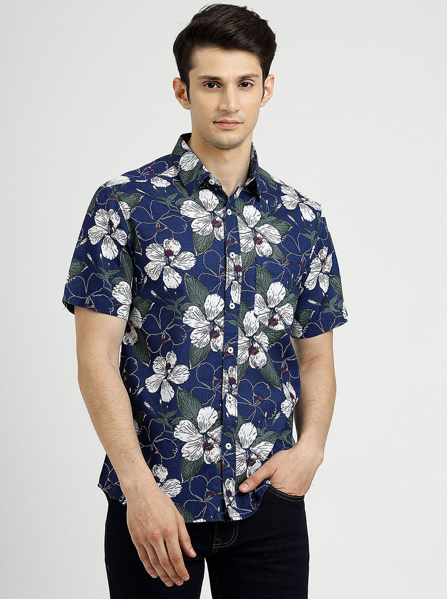 Navy Blue Printed Slim Fit Casual Shirt | pehervi