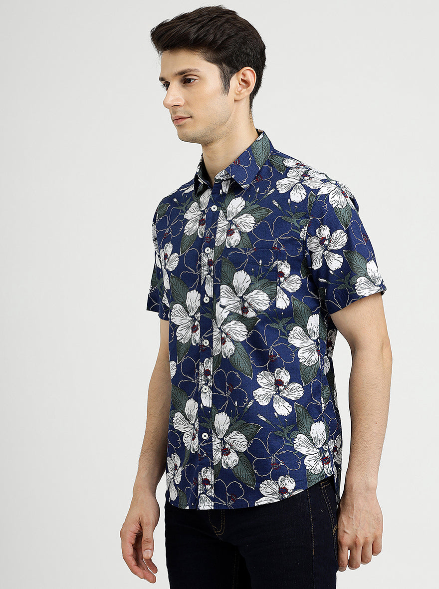 Navy Blue Printed Slim Fit Casual Shirt | pehervi