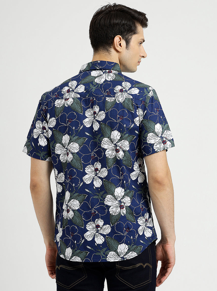 Navy Blue Printed Slim Fit Casual Shirt | pehervi