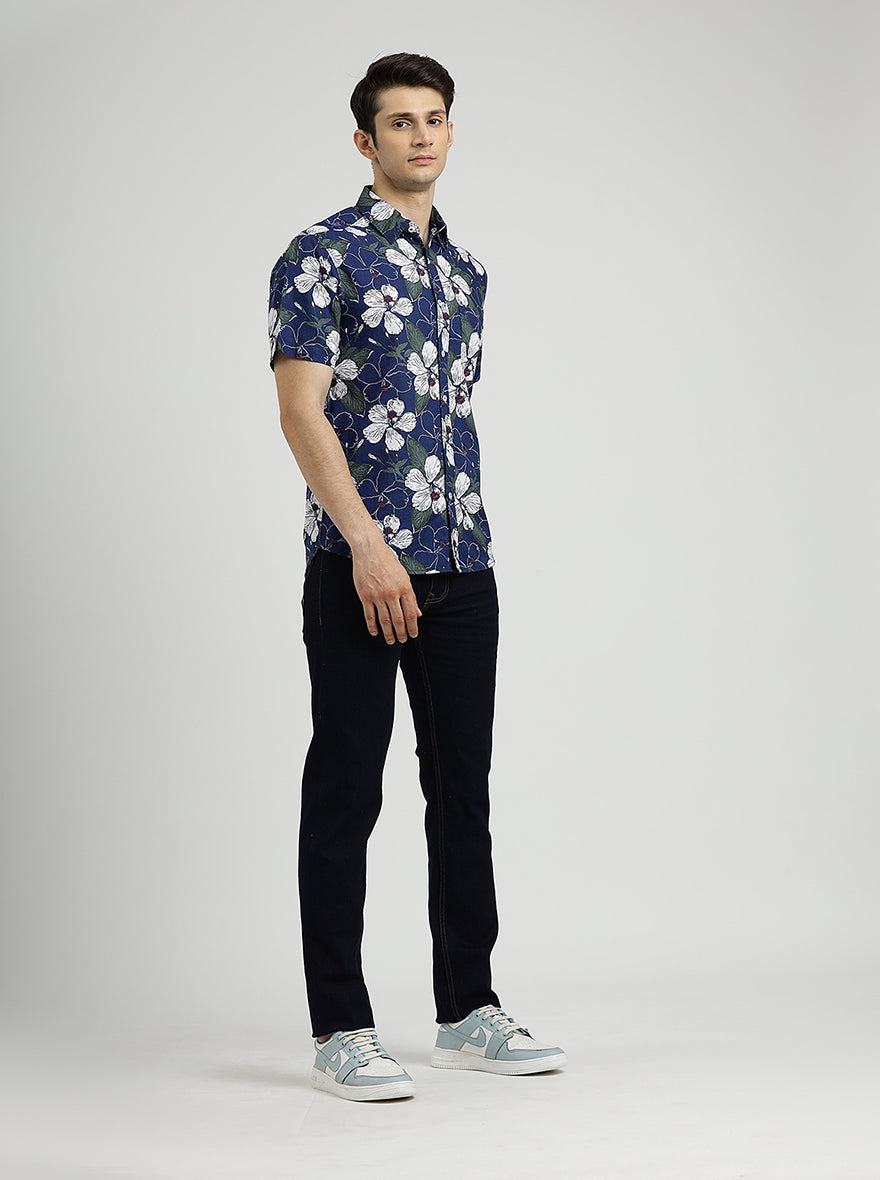 Navy Blue Printed Slim Fit Casual Shirt | pehervi