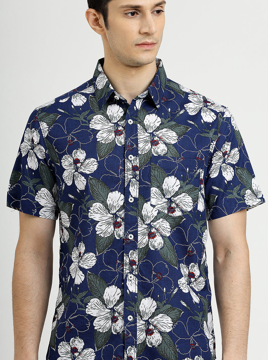 Navy Blue Printed Slim Fit Casual Shirt | pehervi
