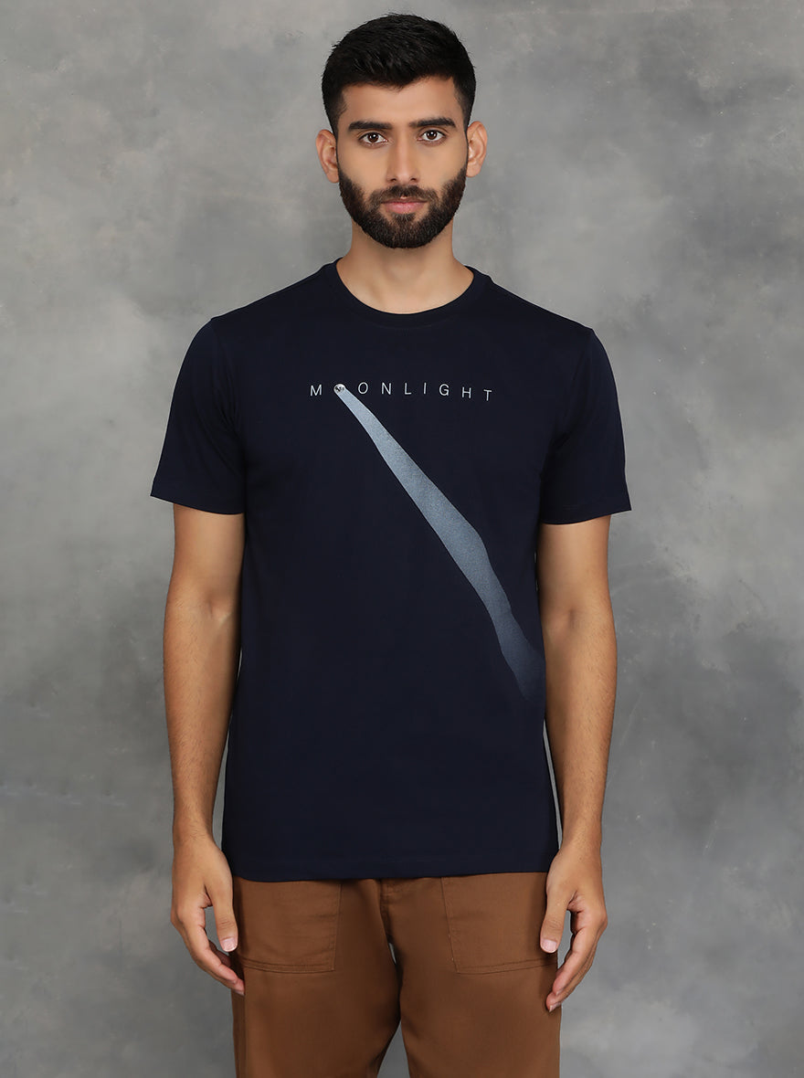 Navy Blue Printed Slim Fit T-Shirt | pehervi