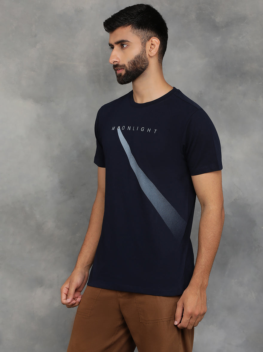 Navy Blue Printed Slim Fit T-Shirt | pehervi