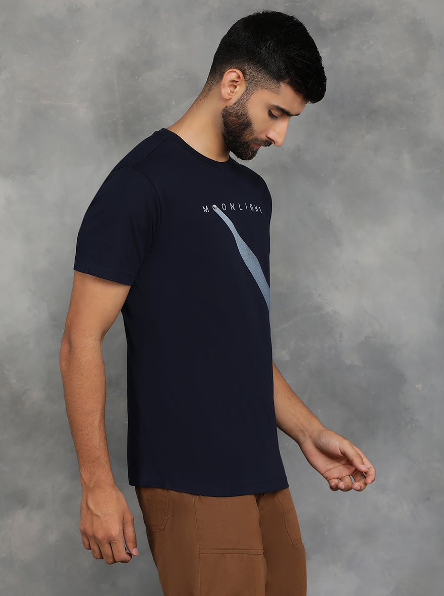 Navy Blue Printed Slim Fit T-Shirt | pehervi